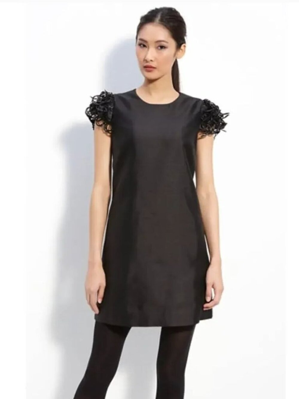 Kate Spade Vicky Fringe Sleeve Silk Cotton Shift Dress Black Size 2 Small